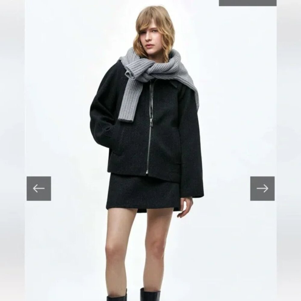 Zara Zippered Wool Blend Jacket ZW collection gray black herringbone